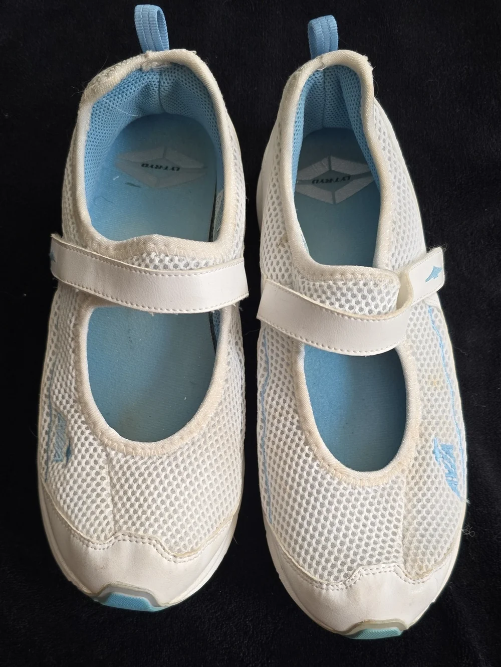 White Mary Jane Sneakers with Light Blue Accents